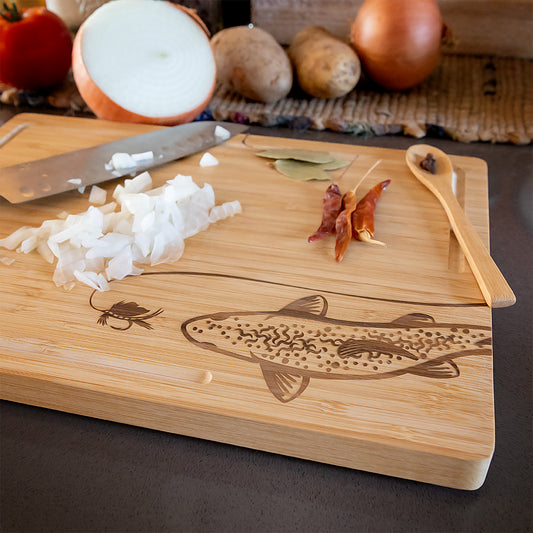 Bamboo Charcuterie/Cutting Board | Laser Engraved Fishing Art - Free Motus