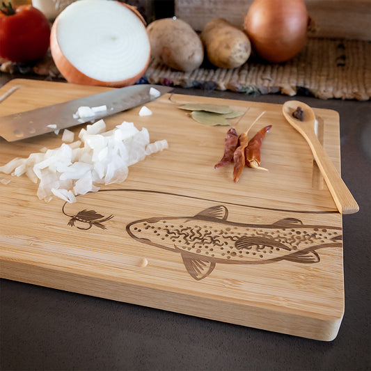 Bamboo Charcuterie/Cutting Board | Laser Engraved Fishing Art - Free Motus
