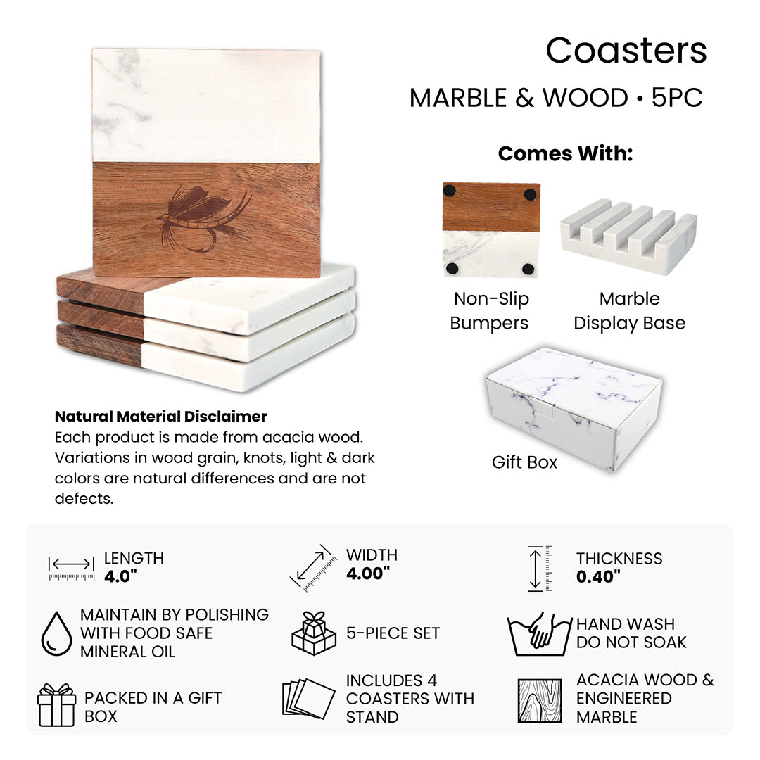 Marble-Wood Coaster Set | Laser Engraved Fishing Art (Set of 4 + Base)- Free Motus