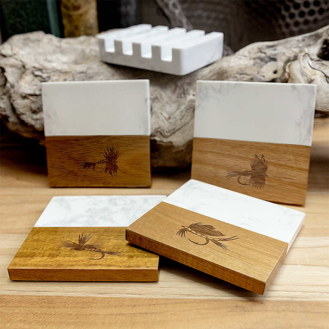 Free Motus Marble-Wood Coaster Set β Laser Engraved Fishing Art (Set of 4 + Base)