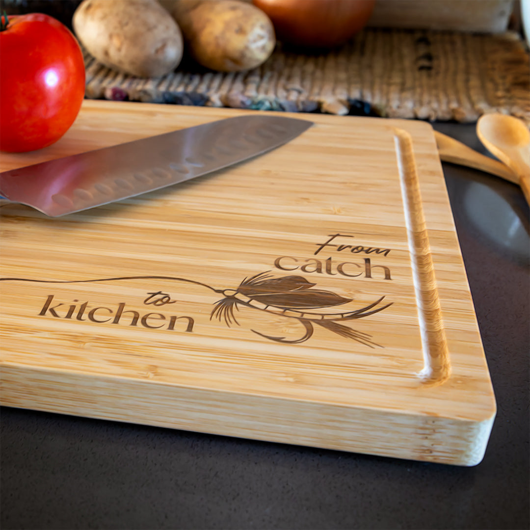 Bamboo Charcuterie/Cutting Board | Laser Engraved Fishing Art - Free Motus