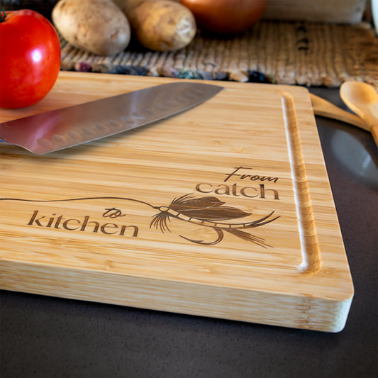 Bamboo Charcuterie/Cutting Board | Laser Engraved Fishing Art - Free Motus