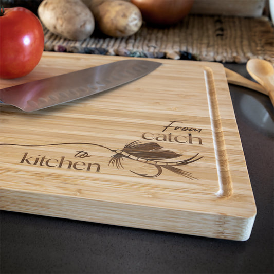 Bamboo Charcuterie/Cutting Board | Laser Engraved Fishing Art - Free Motus