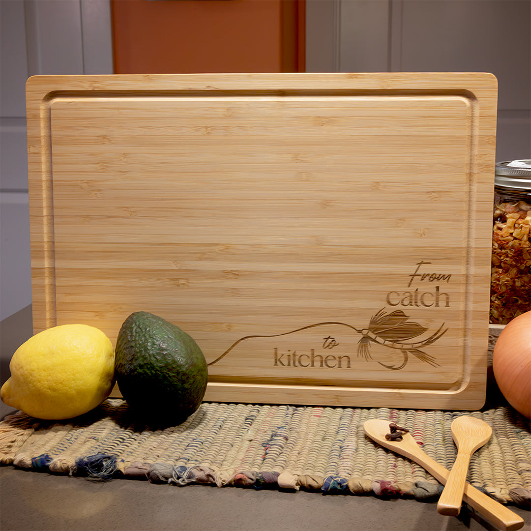 Bamboo Charcuterie/Cutting Board | Laser Engraved Fishing Art - Free Motus
