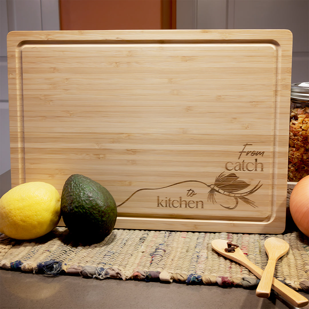 Bamboo Charcuterie/Cutting Board | Laser Engraved Fishing Art - Free Motus