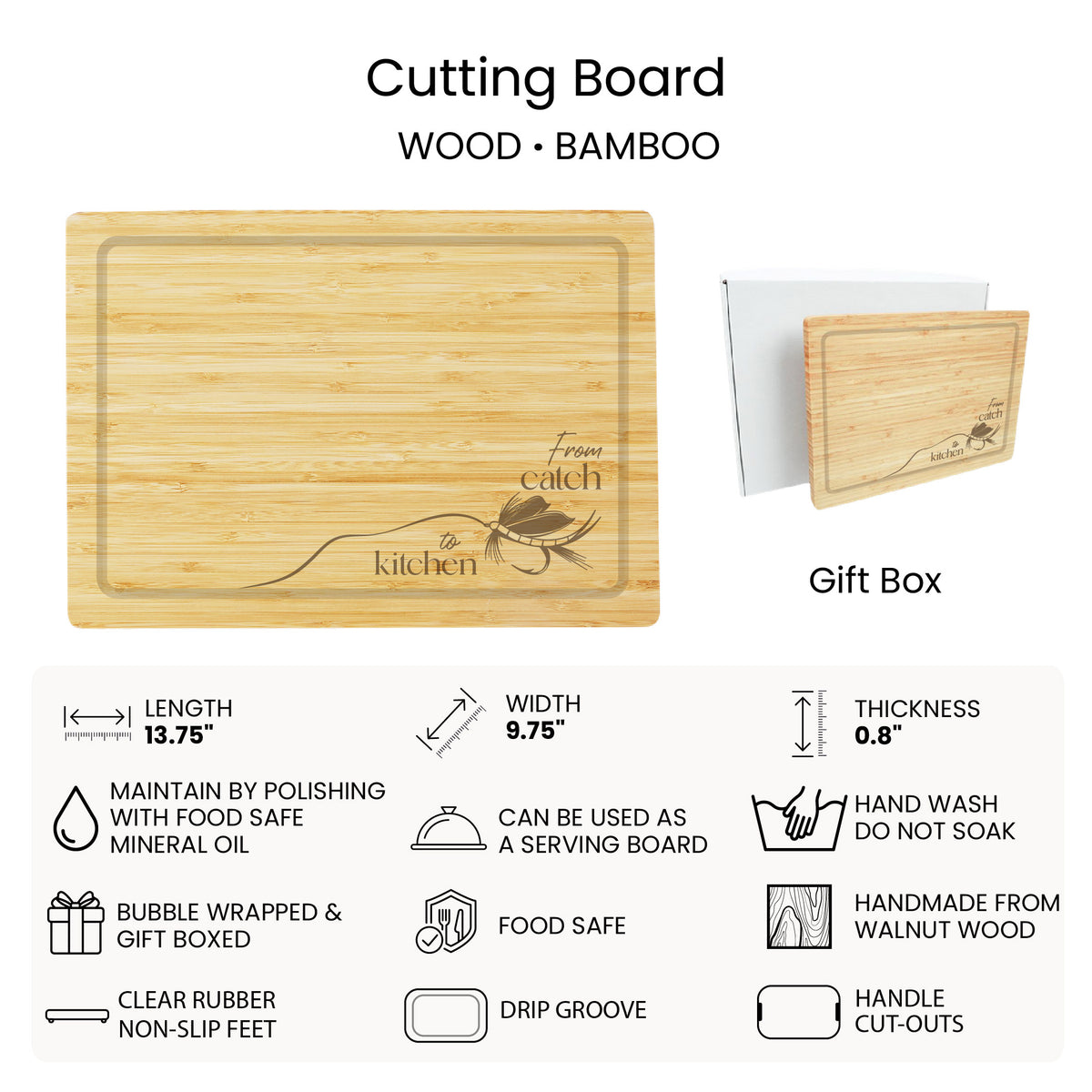A cutting board product listing graphic showing a rectangular wood cutting board with engraved text, a small gift box, and a detailed feature checklist below. The board is light bamboo wood with darker engraved lines and text.