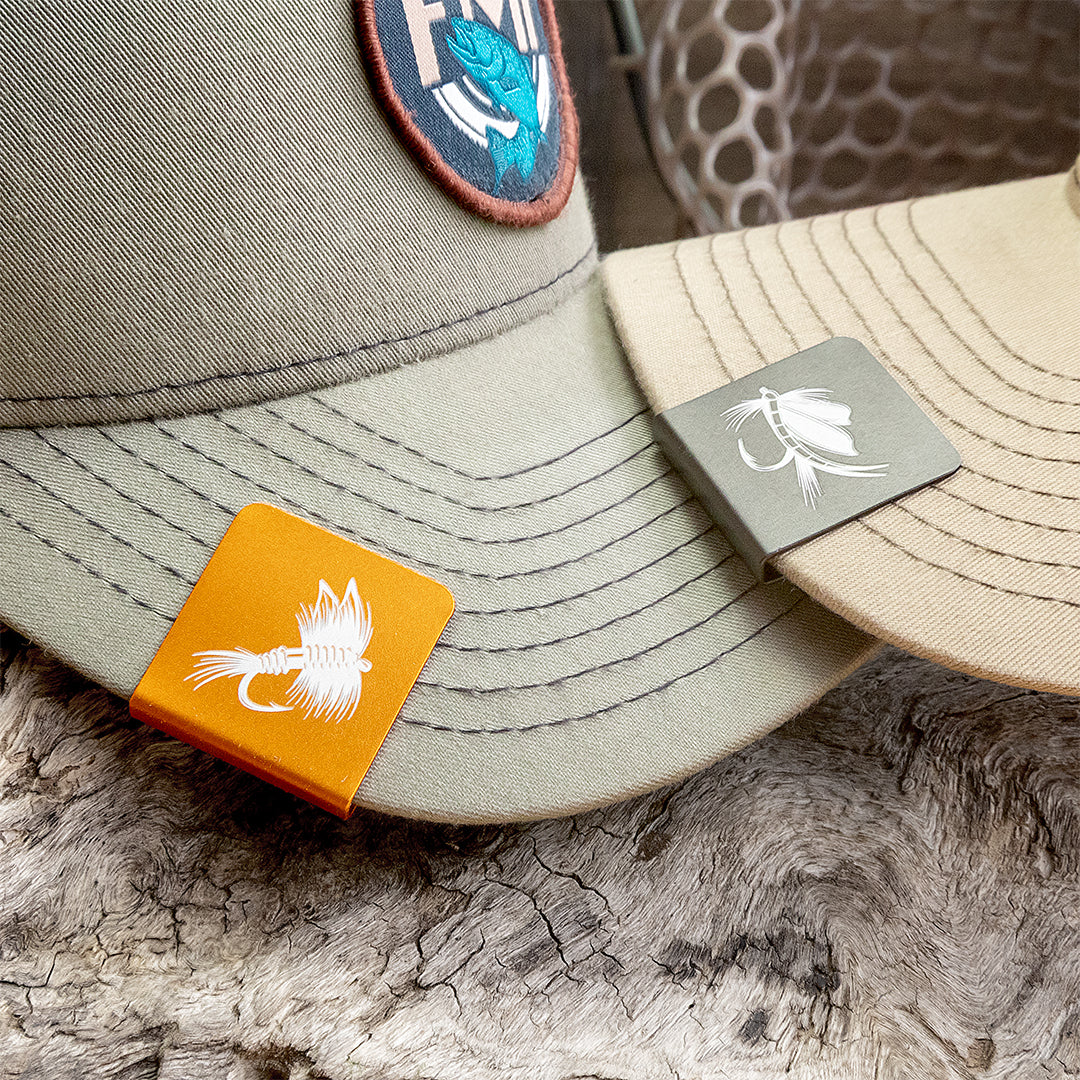 Hat Brim Clip | Laser Engraved Fly Fishing Art (Aluminum)- Free Motus