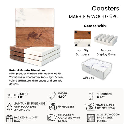 Marble-Wood Coaster Set | Laser Engraved Fishing Art (Set of 4 + Base)- Free Motus