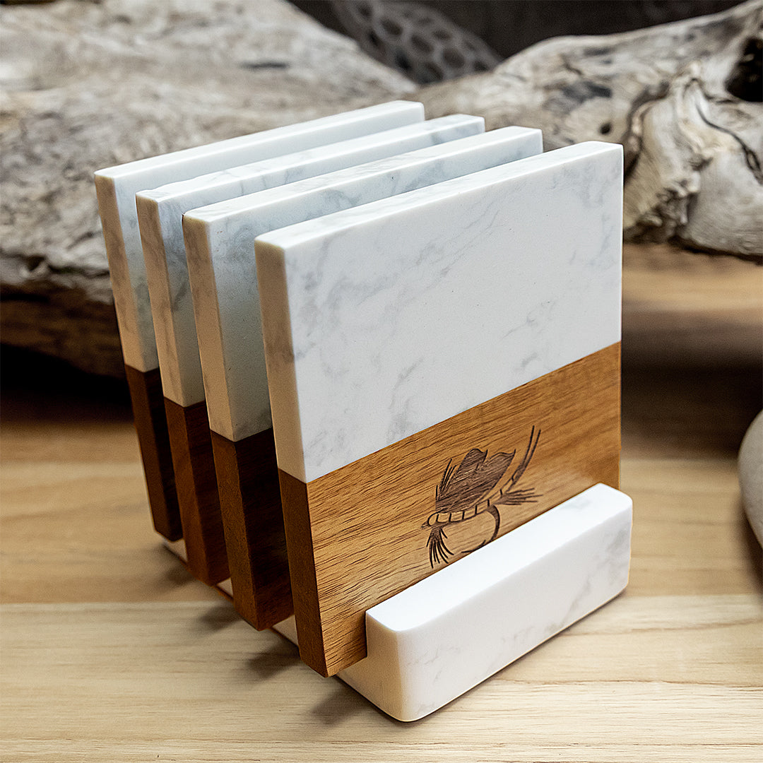 Free Motus Marble-Wood Coaster Set – Laser Engraved Fishing Art (Set of 4 + Base)