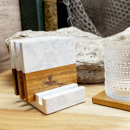 Free Motus Marble-Wood Coaster Set – Laser Engraved Fishing Art (Set of 4 + Base)