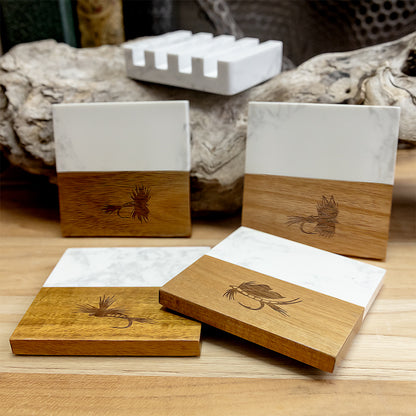 Free Motus Marble-Wood Coaster Set – Laser Engraved Fishing Art (Set of 4 + Base)