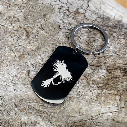 Fishing Dog Tag Pendant Keychain | Black Stainless Steel, Military Style (Laser Engraved) - Free Motus