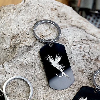 Fishing Dog Tag Pendant Keychain | Black Stainless Steel, Military Style (Laser Engraved) - Free Motus