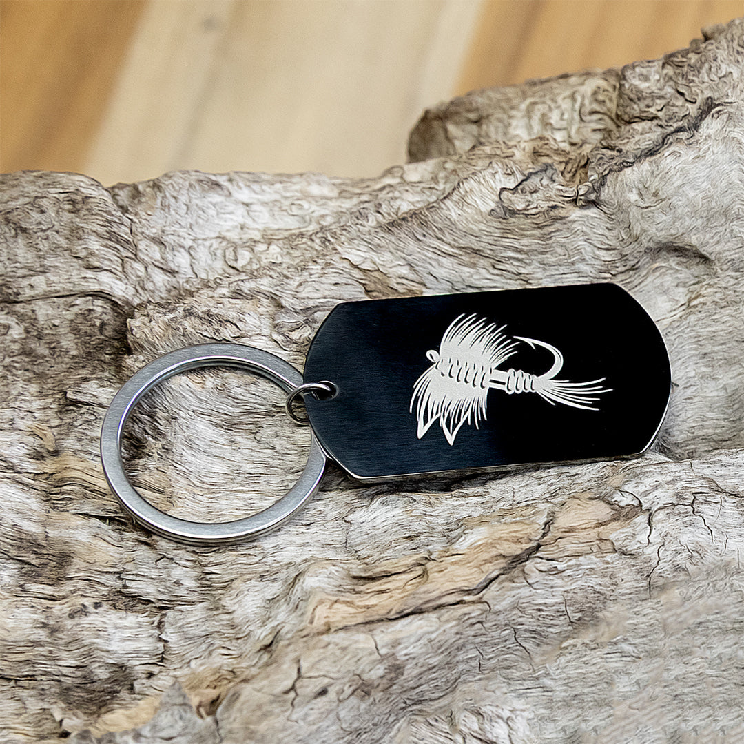 Fishing Dog Tag Pendant Keychain | Black Stainless Steel, Military Style (Laser Engraved) - Free Motus