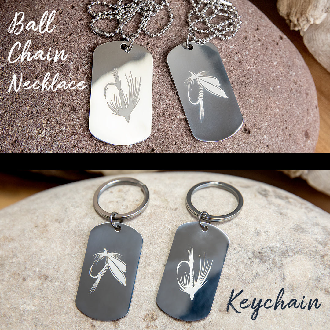 Two silver dog tag military pendants with engraved fly designs, labeled 'Ball Chain Necklace'. Two matching keychains are shown below, labeled 'Keychain'.