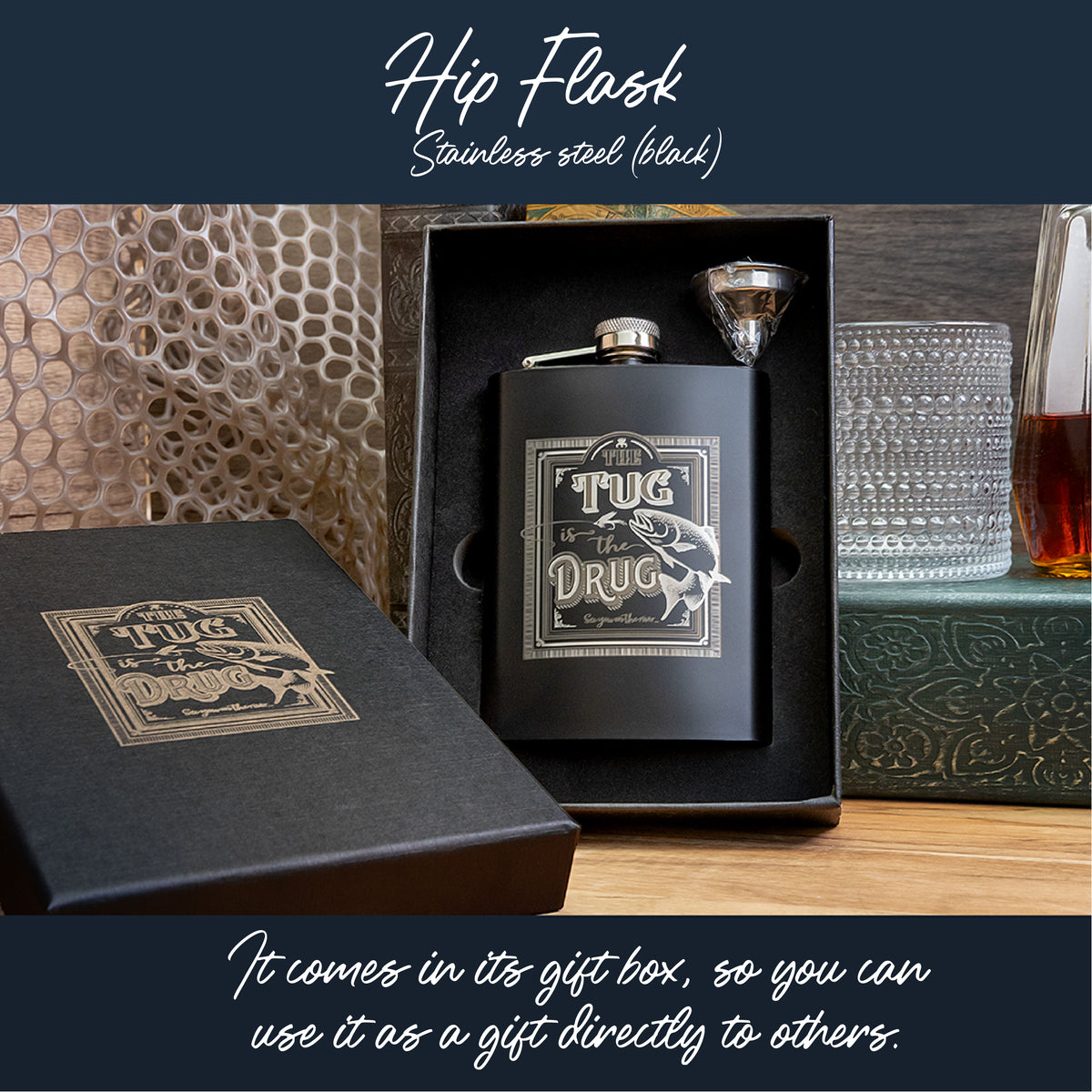 Black hip flask with laser engraved design in a gift box.