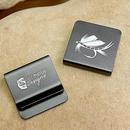 Hat Brim Clip | Laser Engraved Fly Fishing Art (Aluminum)- Free Motus