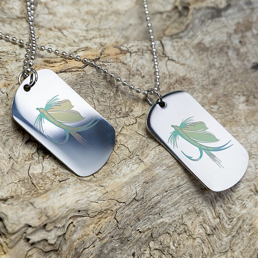 Metal  human dog tag with fishing fly design on a stainless steel pendant.